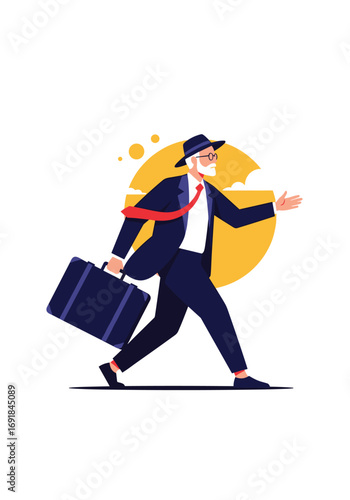 An elegant elderly gentleman in a suit with a briefcase walking confidently outdoors under a warm sun