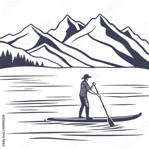 Person paddleboarding on lake with mountain range background paddleboarder water