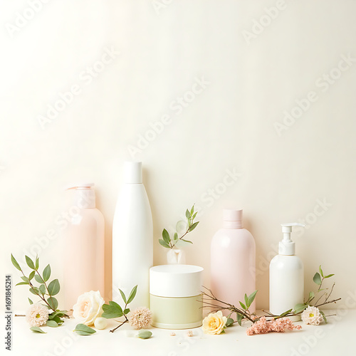 Eco-Friendly Lifestyle Flatlay with Pastel Bottles and Natural Elements