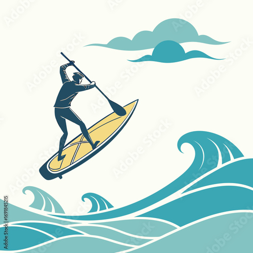 Person paddleboarding on a yellow surfboard with stylized waves and clouds Keywords: paddleboarding
