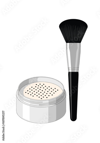 A fluffy makeup brush sits beside a round container filled with loose powder ready for application