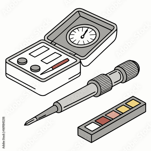 Precision measuring tool set with caliper and gauge in case vector illustration