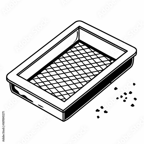 Rectangular sieve tray with grid and scattered particles on white background Keywords: sieve, tray
