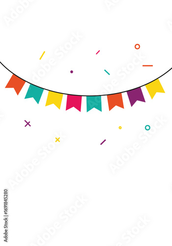 Celebratory colorful bunting garland with falling confetti for festive occasions and party decorations