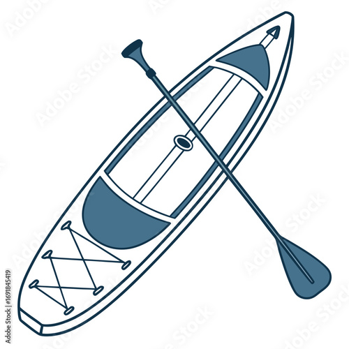 Stand Up Paddleboard and Paddle with Blue Outline and White Background Keywords: stand up paddleboard