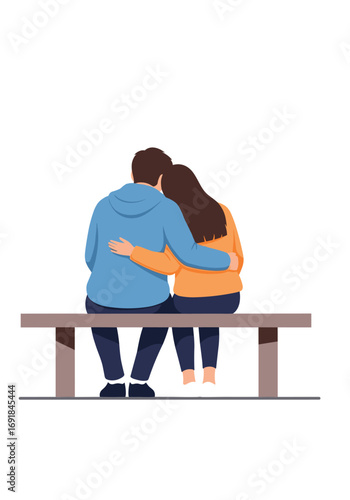 A loving couple sitting together on a bench sharing a tender moment of affection and togetherness in the outdoors