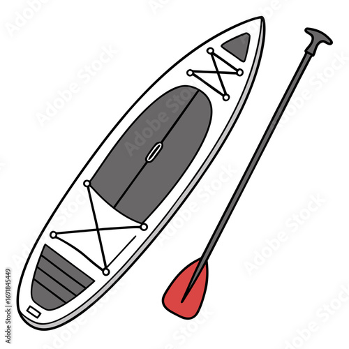 Stand Up Paddleboard with Paddle and Deck Grip Outline Keywords: stand up paddleboard, sup, paddle