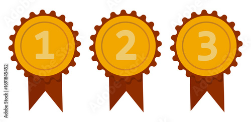 Medals set illustration. First second third. Place trophy symbols. Victory ranking Vector. EPS 10.