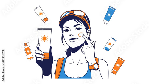 Young woman applying sunscreen to her face surrounded by various sun protection products and bottles for healthy skin care