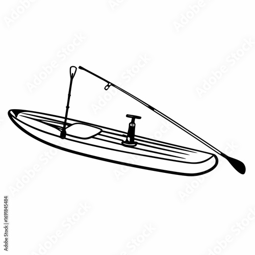 Stand Up Paddleboard with Paddle and Pump Line Art Keywords: stand up paddleboard, sup, paddle, pump