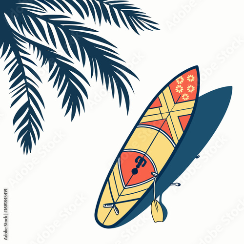 Stand up paddleboard with paddle and palm tree shadow on white background vector illustration