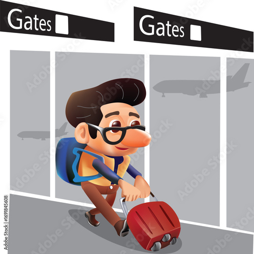 Cartoon vector of a tourist pushing a suitcase to Gates.