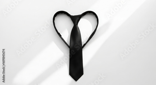 Black tie arranged in heart shape on white background
