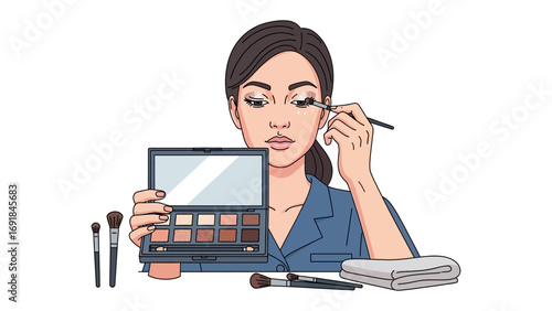 Young woman applying eyeshadow with a brush holding an open makeup palette with various shades of colorful cosmetics and beauty products
