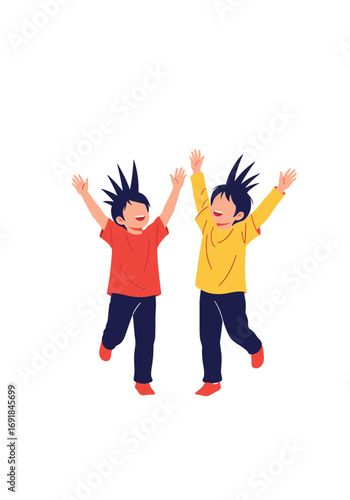 Two young children with spiky hair jumping with joy and arms raised in celebration and happiness