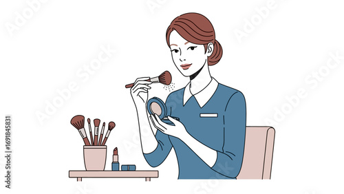 Young woman applying makeup with brushes and compact powder in a well lit room preparing for a special occasion or daily routine