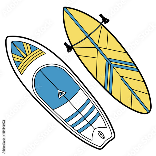 Two colorful stand up paddleboards with paddles on white background Keywords: stand up paddleboard