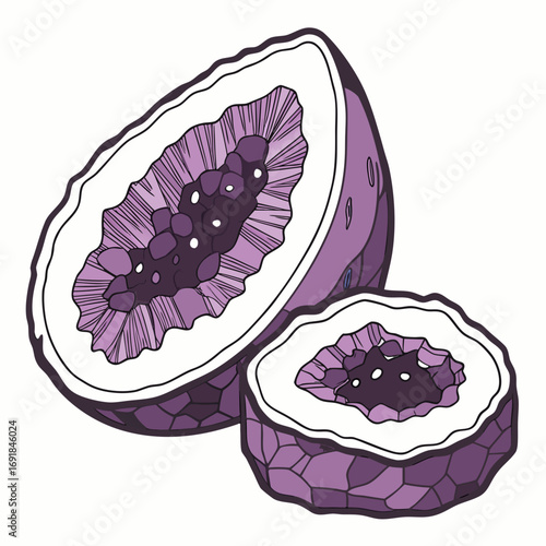 Two halves of a purple passion fruit with seeds and pulp tropical exotic