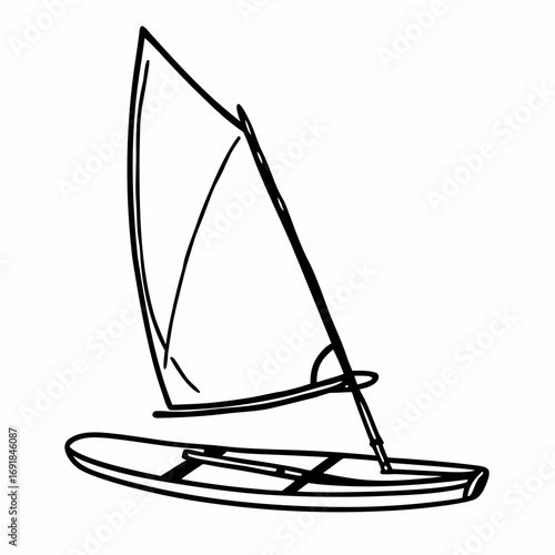 Windsurf Board With Sail And Boom In Outline Drawing Keywords: windsurf, windsurfing, sailboard, sail