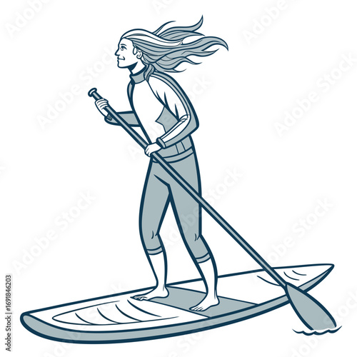 Woman with flowing hair paddleboarding on white background stand up paddleboarding female