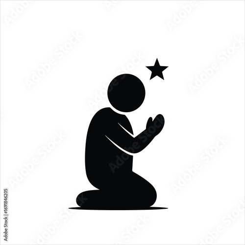 Silhouette icon of a person kneeling in prayer with a star.