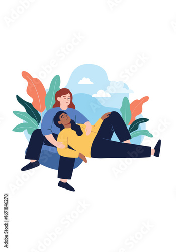 Two women find comfort and support in a gentle embrace during a moment of shared peacefulness