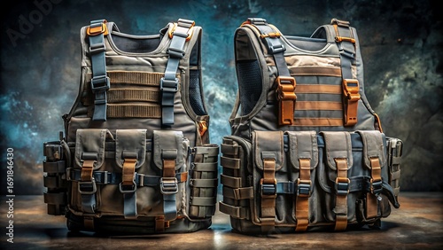 Two tactical vests with multiple pouches and straps, designed for military or law enforcement use, displayed against a textured background