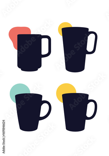 Collection of four dark silhouette coffee mugs with colorful abstract accents