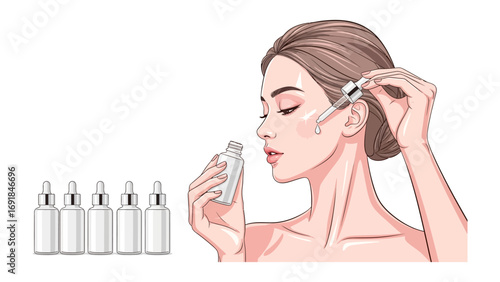 Beautiful young woman applying serum to her face with a dropper showcasing skincare routine and beauty products with multiple bottles in the background