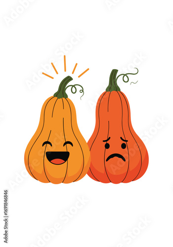 Two cartoon pumpkins one happy one sad expressing contrasting emotions with joyful laughter and frowning sadness