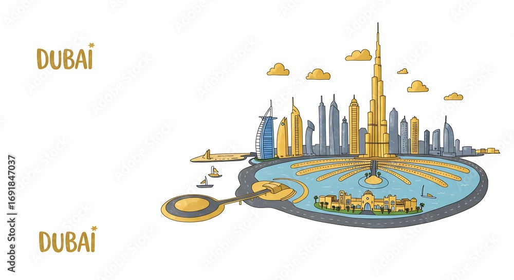 Naklejka premium City Skyline Illustration with Buildings and Water Features