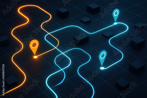 Glowing neon map markers with winding paths on dark grid background showing navigation concept