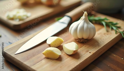 Fresh garlic cloves and whole bulb with knife on wooden cutting board for cooking