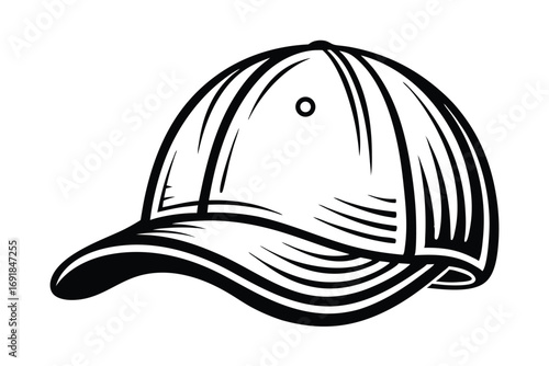Black outline art shows a baseball cap with curved visor and button detail