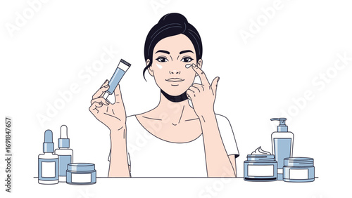 Young woman applying eye cream with various skincare products arranged around her illustrating a beauty routine and self care