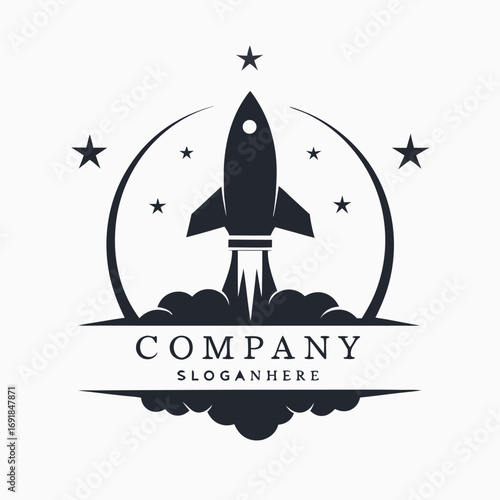 Black rocket is launching into space with stars visible against white background