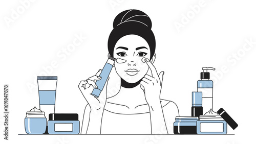 Young woman with towel on head applying eye cream surrounded by various skincare products and bottles illustrating a beauty routine