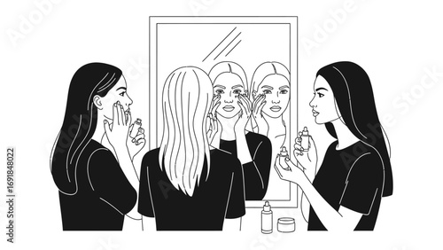 Three young women applying makeup and perfume in front of a mirror reflecting their faces and beauty products illustrating a morning routine or getting ready for an event