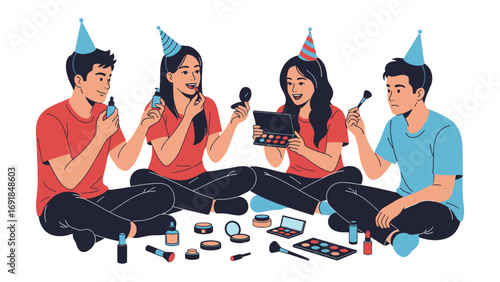 Four young friends wearing birthday party hats sitting on the floor applying makeup together in a fun and celebratory gathering