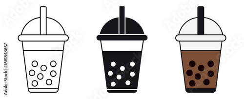  Pearl, boba, or bubble drink milk tea icon set , vector illustration .