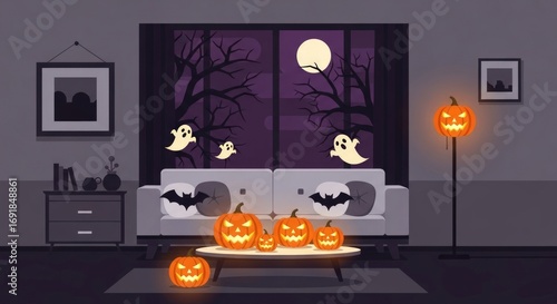 Spooky Halloween living room scene with pumpkins, bats, and ghosts creating a festive vibe for autumn