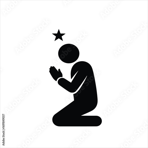 Simple black icon of a person kneeling in prayer.
