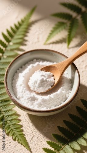 Arrowroot Powder in Bowl with Wooden Spoon and Ferns