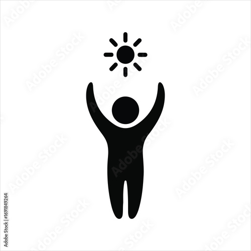 Simple black icon of a person with arms raised to the sun.