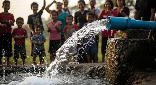 Gushing Fresh Water From a Pipe with a Joyful Community Celebrating in a Rural Village