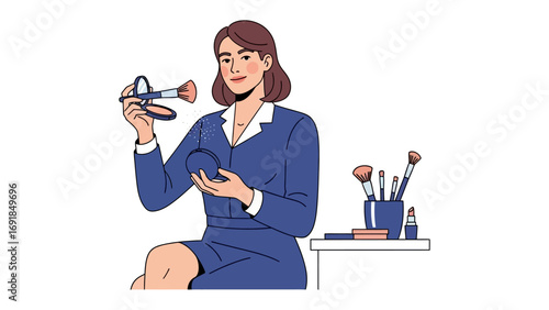Young professional woman applying makeup with a compact powder and brush in a modern office setting with beauty tools organized on a desk