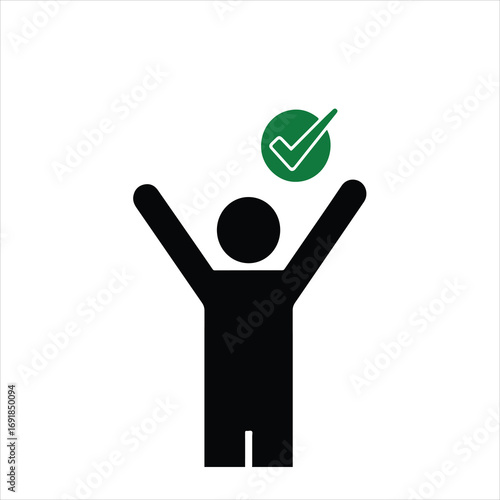 Stick figure person celebrating success with a green checkmark icon.