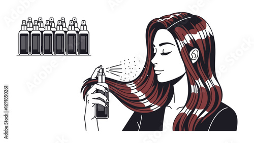 Young woman with long auburn hair applying hairspray from a bottle to her styled locks with a row of identical spray cans in the background