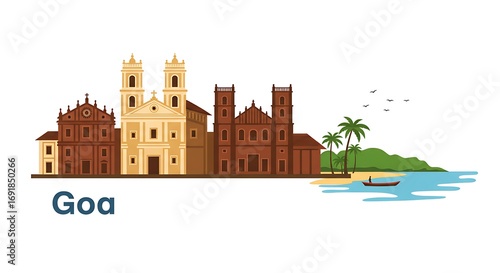 Goa Cityscape Illustration Featuring Historic Architecture and Tropical Scenery
