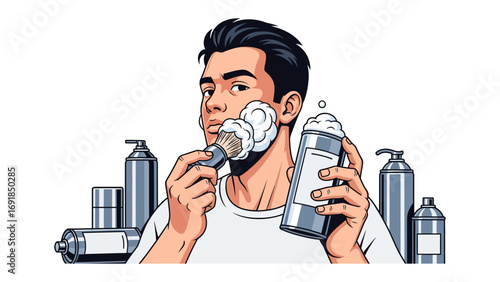 A stylish man with dark hair applying shaving cream to his face with a brush while holding a can of shaving foam and a razor